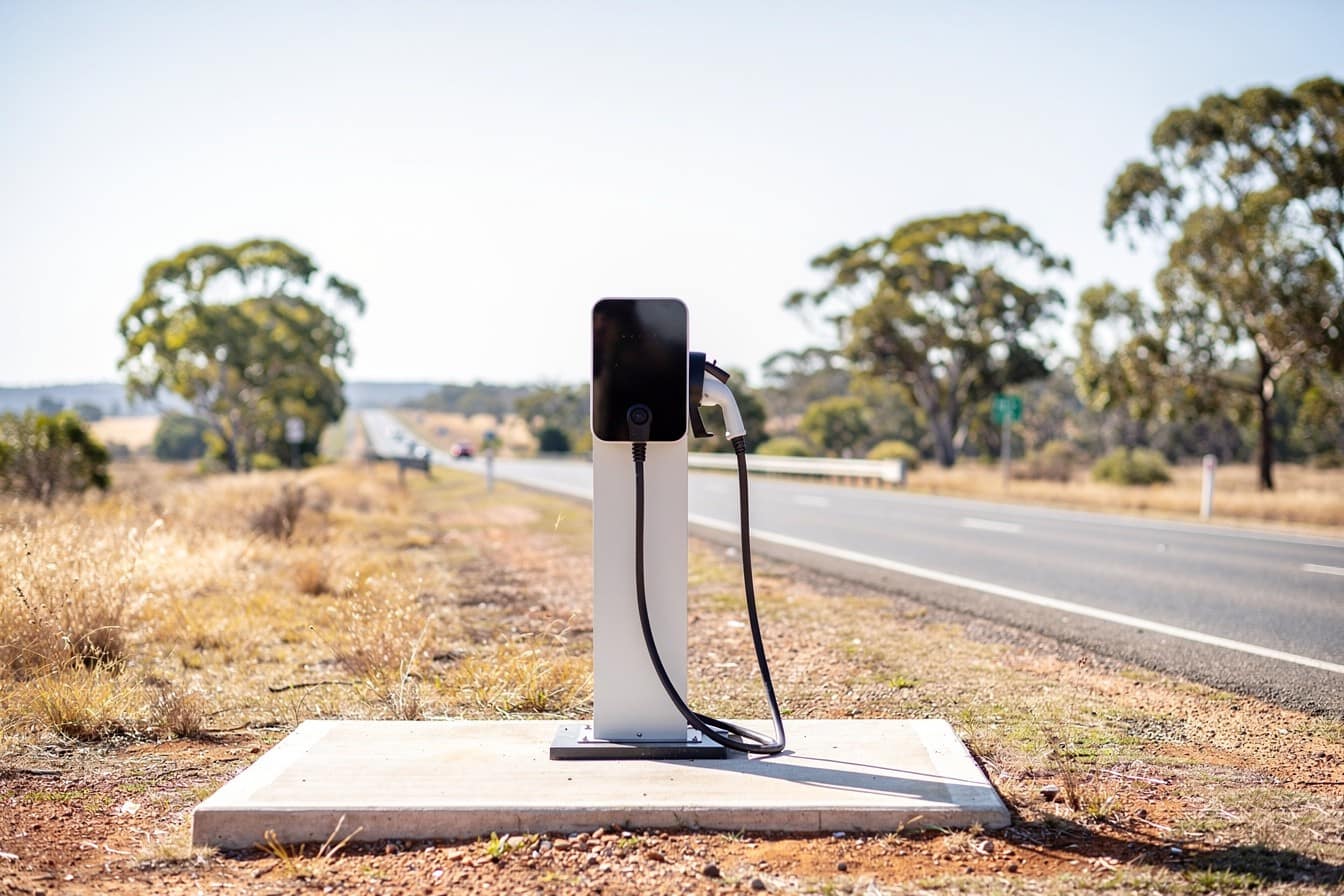 A regional highway at dusk with a single EV charging bay visible in the distance, open road stretching ahead, no cars in sight.