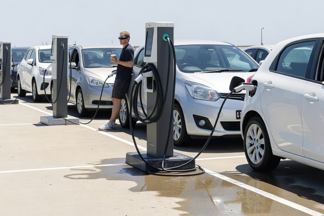 Close-up of an EV plugged into a regional fast charger with another electric car waiting in queue behind it.