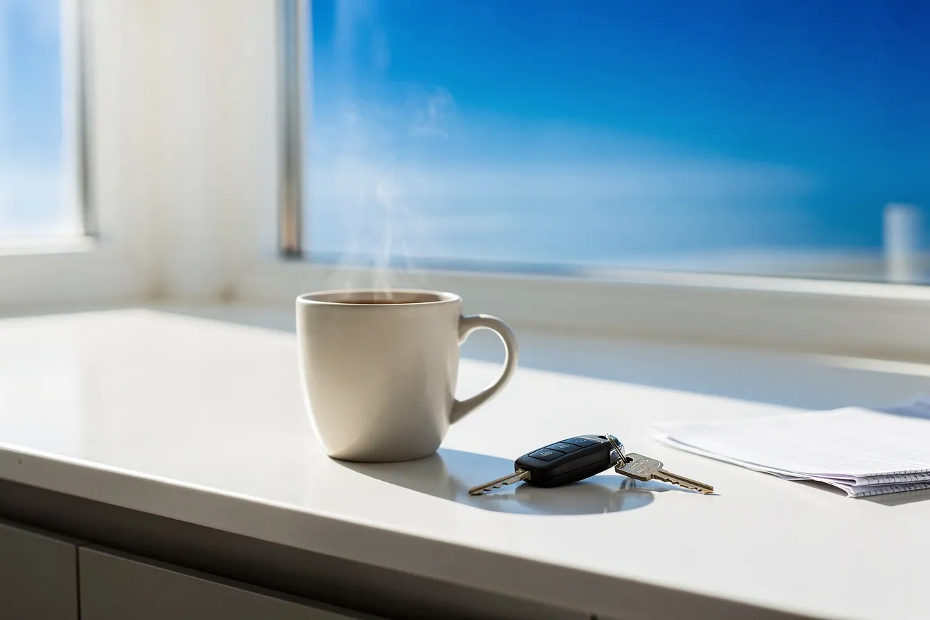 A mug of coffee and a set of car keys sit on a kitchen bench at dawn before a long drive.