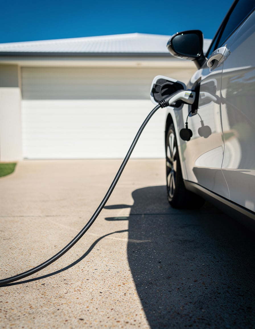 A plug-in hybrid parked in a suburban driveway at dusk with a charging cable running from a home wallbox to the car, garage door open behind it.